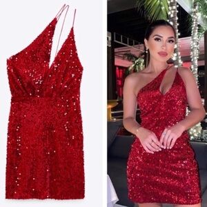 Zara Red Sequin One-Shoulder Mini Dress #142